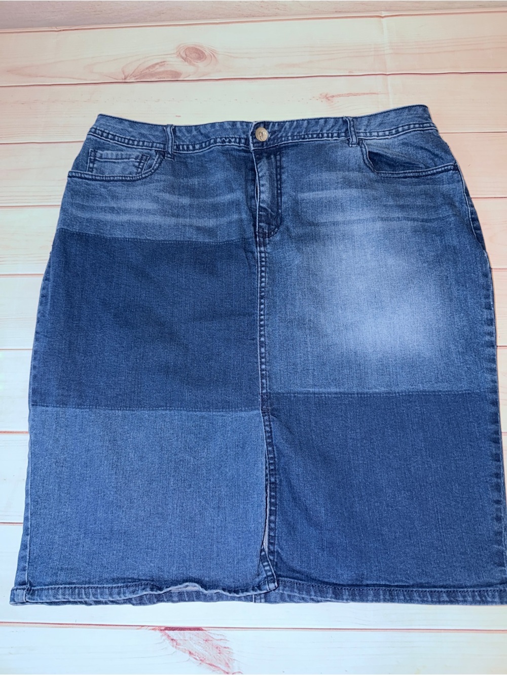 Est 1946 Denim Skirt 18W Plus Size Midi Blue Panel Wash Jean Skirt